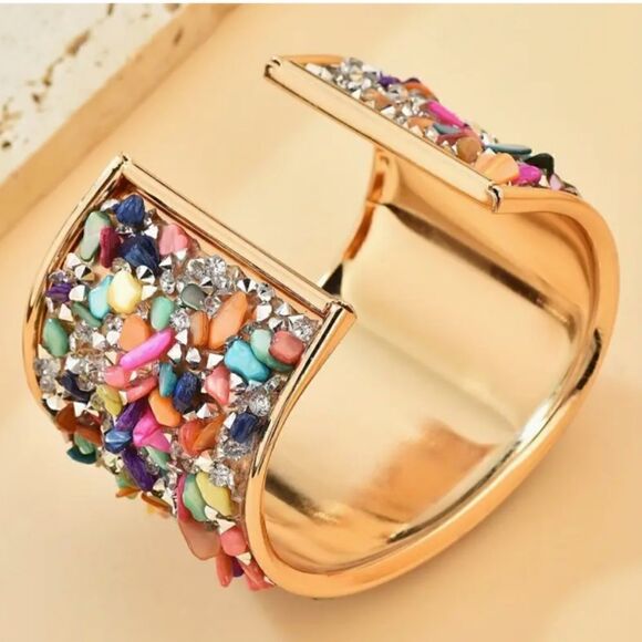 NEW! Pretty Colorful Shell Glass 14K Gold Plated Iron Bangle Bracelet Boho - Picture 4 of 4